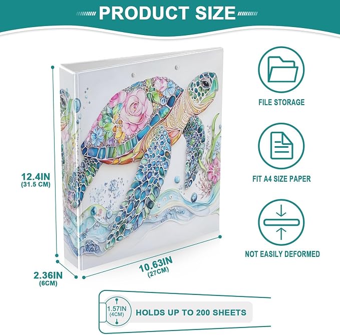 3 Ring Binder Sea Turtle Floral Ocean Map Nautical Coastal 1.5 inch Binders Three Ring Binders with Clipboard Fit 8.5'' x 11'' Paper 3 Interior PVC Clear Pockets for Office Supplies