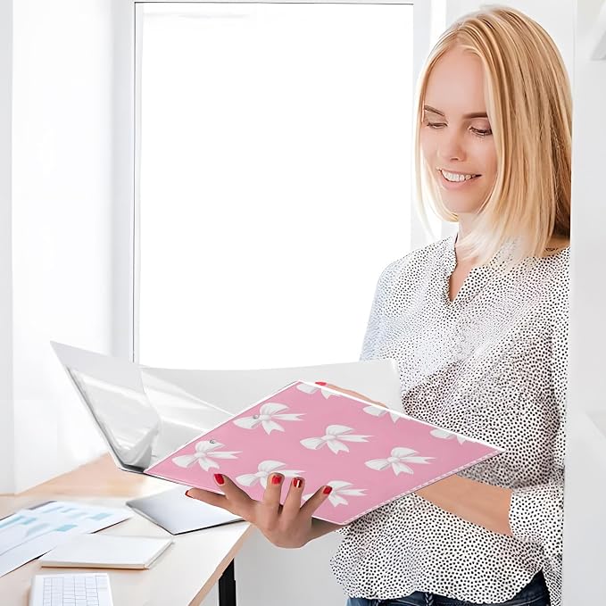 White Bows Pink 3 Ring Binder with 2 Interior Pockets 1.5 inch Binders 3 Ring Heavy Duty Fit 8.5" x 11" Letter for Office School, 2 Pack