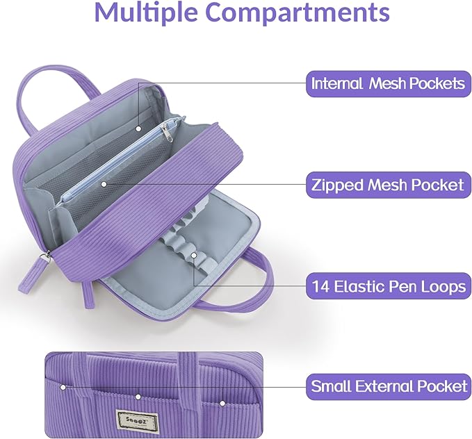 Sooez Large Pencil Case Pouch, Extra Big Pencil Bag with 5 Compartments, Pen Bag Wide Opening, Soft Corduroy Pencil Pouch Organizer with Zipper, Cute Aesthetic School Supplies for Teen Girls-Purple