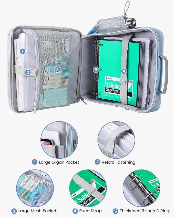 Zipper Binder 3 Inch D-Ring 3 Ring with Water Bottle Holder | Binder with Strap for School/Office, 700 Sheet Capacity-Multiple Pockets, Fit for 13" Tablet/Laptop, Baby Blue