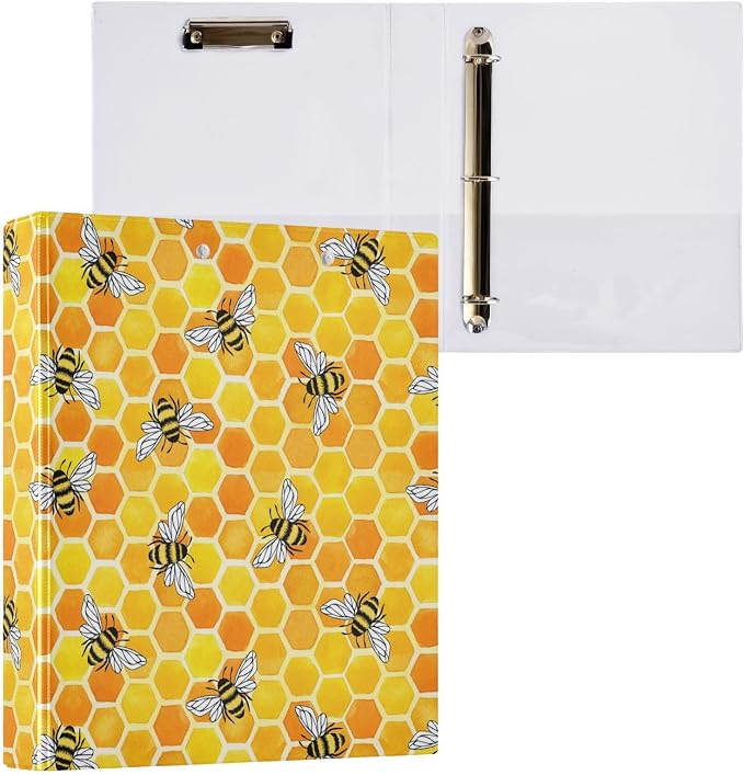 Yellow Beehive Bee Binder 1.5 Inch Binder with Clipboard&Pockets, Honeycomb Binders 3 Ring, Honey Bees Heavy Duty Large File Folder for Office School Supplies - Holds 200 Sheets, 2 Pack