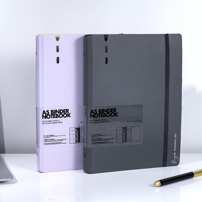 CAGIE A5 Binder 6 Ring Refillable Notebook with Dividers & Pockets | Daily Planning Square Ruled and Dotted Pages, Refill Paper Included, 6.89 x 9.25 In (Grey & Purple, A5 Daily & Dot Page)