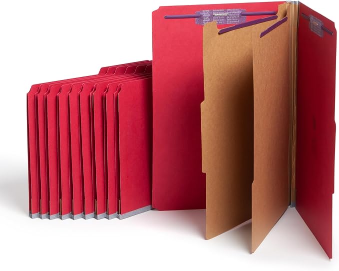 Smead Pressboard Legal Size File Folders with SafeSHIELD Fasteners, 2 Dividers, 2" Expansion, Office Folders, Paper Holder, Bright Red, 10 per Box (19031)