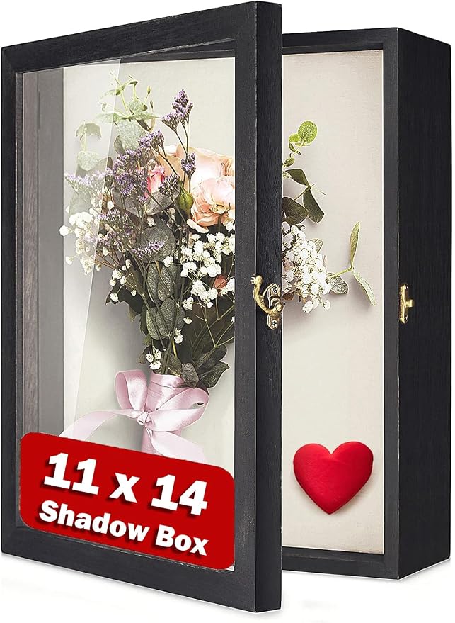 TJ.MOREE Shadow Box 11x14 Memory Display Case Wooden Picture Frame Black | Fits 10x13 Inserts with Linen Back, Rustic Keepsake Box with Glass for Pet Memorabilia Gifts, Wedding Bouquet Military Medals