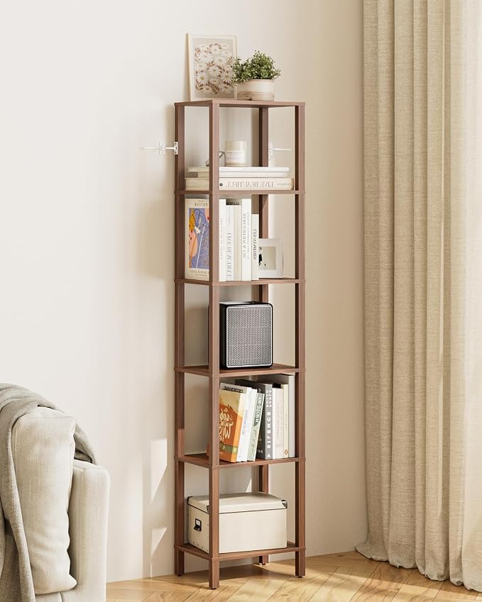 Open Book Shelf, 6 Tier Tall Bookshelf, Freestanding Shelf Narrow Bookcase with Open Shelves, 14.57" x 10.63" x 65.83", Book Shelves for Living Room, Office, Study, Walnut