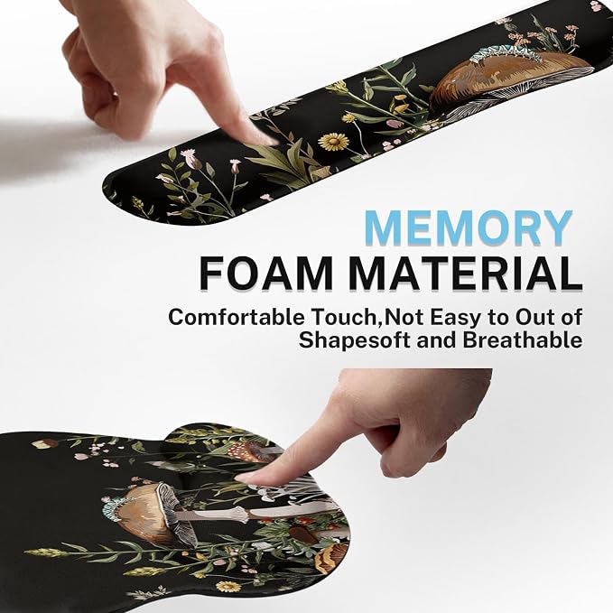 Keyboard Mouse Pad Set, 4 in 1 Desk Mat Set, Black Mushroom Flora | Large Mousepad+Keyboard Wrist Rest+Mouse Wrist Rest+Coaster Ergonomic Design for Home Office Computer