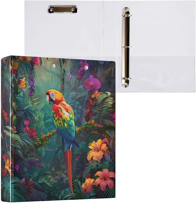 JIPONI 3 Ring Binder Parrot Macaw Tropical 1 Inch Round Binders for Men Women Students, Cute File Organizer for Office Home School
