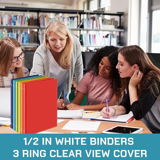 Fulmoon 48 Pack 3 Ring Plastic Binders 1/2 Inch Bulk with 2 Pockets, Flexible Binder Loose Leaf Hardcover, Fit 12" x 10" US Letter Size Paper, for School Office Home, 6 Colors(Vibrant)