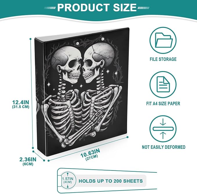 SPRIPORT Skull Couple 1.5 Inch 3 Ring Binder Holds 200 Sheets for Office Supplies Durable PVC Round Ring Binder with Interior Clear Pockets Binder Notebook for Home Work Woman Man
