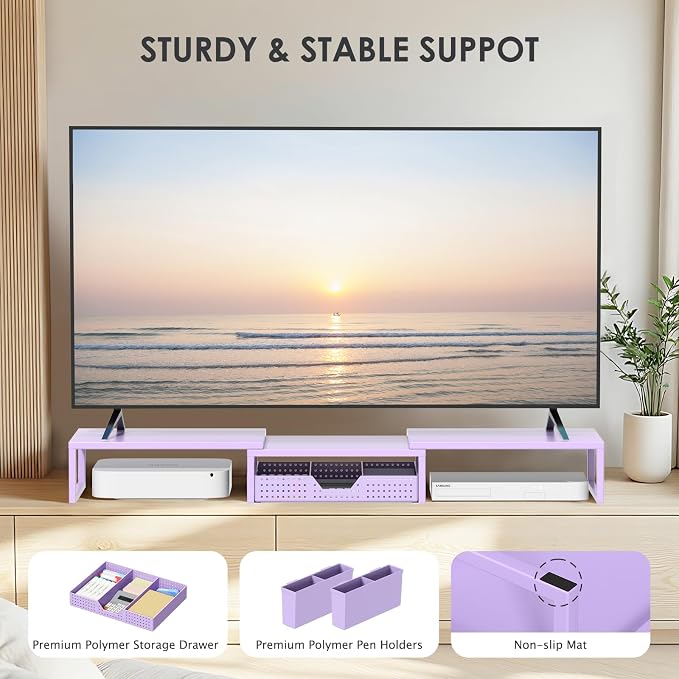 Desk Organizers and Accessories, Dual Monitor Stand Riser with Drawer and 2 Pen Holders, Desk Shelf Computer Racks for Office Workspace Organizers, Desktop Organization (Purple)