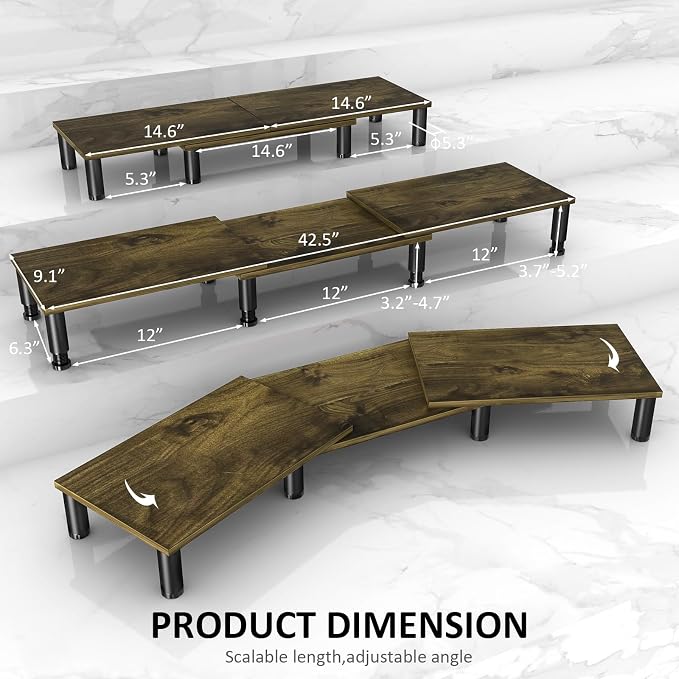 Dual Monitor Stand Riser, Monitor Stand with Adjustable Length and Angle, Wood Monitor Stand for Desk, Monitor Riser for 2 Monitors with Storage Space