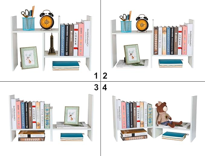 Adjustable Desktop Shelf Wood Small Bookshelf Desk Supplies Organizers and Accessories Storage Display Rack Office Decor, White
