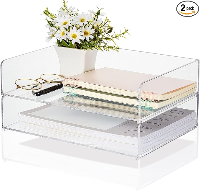 2 Pcs Stackable Acrylic Desk Organizers Paper Tray Storage Tier Accessories Paper File Office Organizer Tray Stackable Document Clear Desk Accessories for Office Workspace Organization