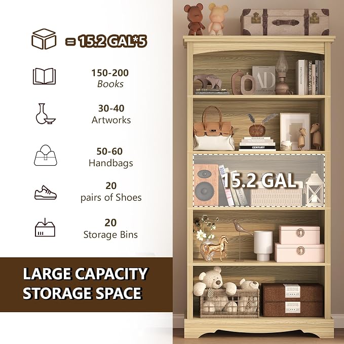 TVU 5-Tier Wooden Bookshelf, 65 Inch Tall Bookshelf with Storage, Floor Standing Modern Style Display Bookcase for Living Room, Office, Study Room, Entryway, Natural Wood Color
