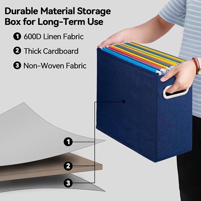 4 Pack Letter Size File Storage Box Collapsible, Fabric Hanging File Folders Organizer, Portable Office Document Holder with Metal Handle, Smooth PVC Rails, Blue