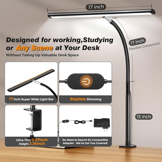Airlonv LED Desk Lamp with Clamp, 17" Stepless Dimming Light, Black | 2700K-6500K, 100 LEDs, 360° Gooseneck, Fits Up to 30" Monitors, Flicker-Free Lighting for Home Office, Study& Workbench