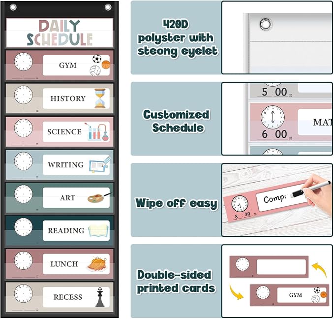 Monthly Calendar Pocket Chart for Classroom, Printed Days of The Week with Cards, Learning for Home or Kindergarten, Teacher Must Have Supplies That Fits Any School Décor (Black Calendar+Daily Schedule)