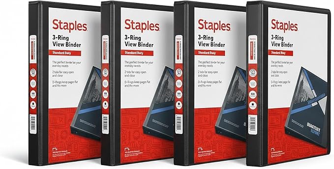 Staples 1/2" 3-Ring View Binder, D-Ring, Black, 4/Pack