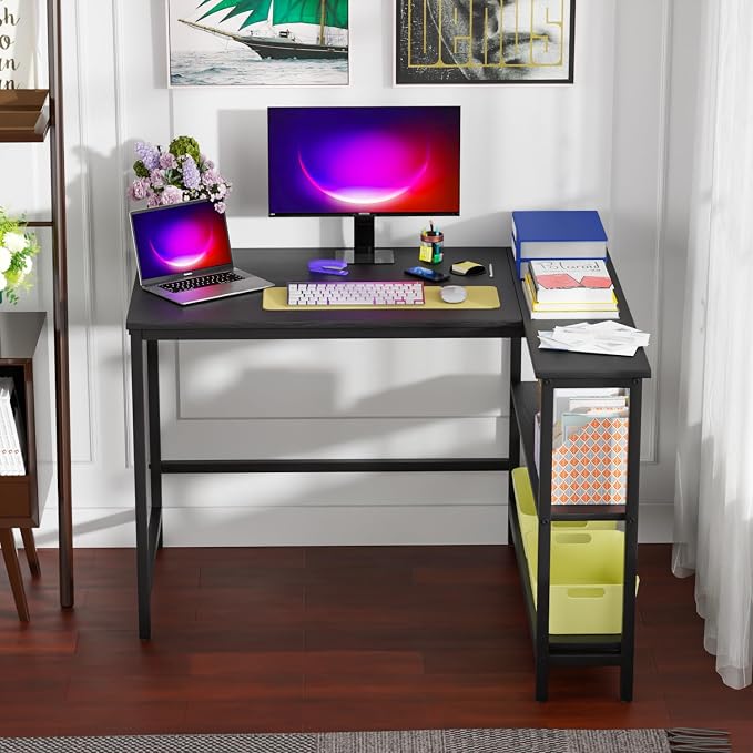 FDW L-Shaped Gaming Desk 43 Inch Computer Desk Corner Desks with Reversible Side Storage Shelves Study Desk Metal Frame PC Work Table for Home Office Dorm Sturdy Writing Workstation, Black