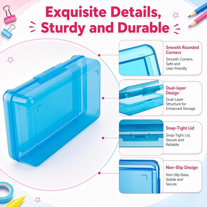 12 Pack Double Layer Large Pencil Box, Clear Plastic Hard Pencil Case with Snap Lid, School Supply Organizer Box for School Office Classroom Home Supplies(Classic Colors)