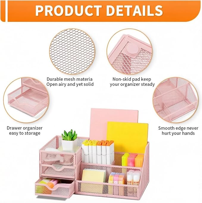Lavatino Mesh Desk Organizer with 6 Compartments & 2 Drawers, Larger Multi-functional Desktop and Workspace Accessories Organizer for Office, Classroom, Dorm Supplies (Pink)