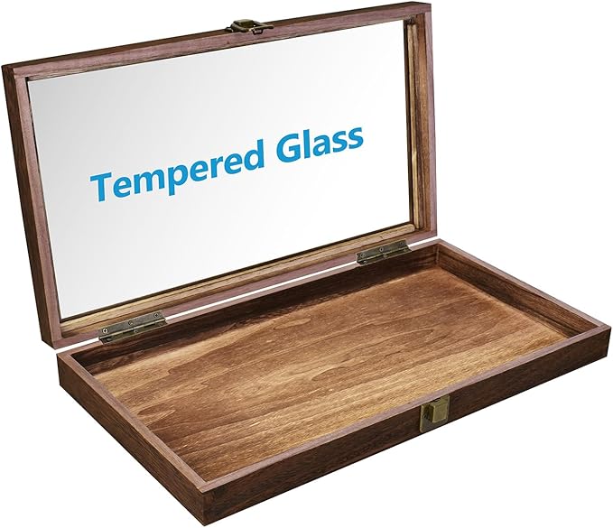 MOOCA Wood Jewelry Display Case with Tempered Glass Top, Black Velvet Pad | Wood display case with a glass top and removable black velvet pad accommodates taller jewelry and collectibles.