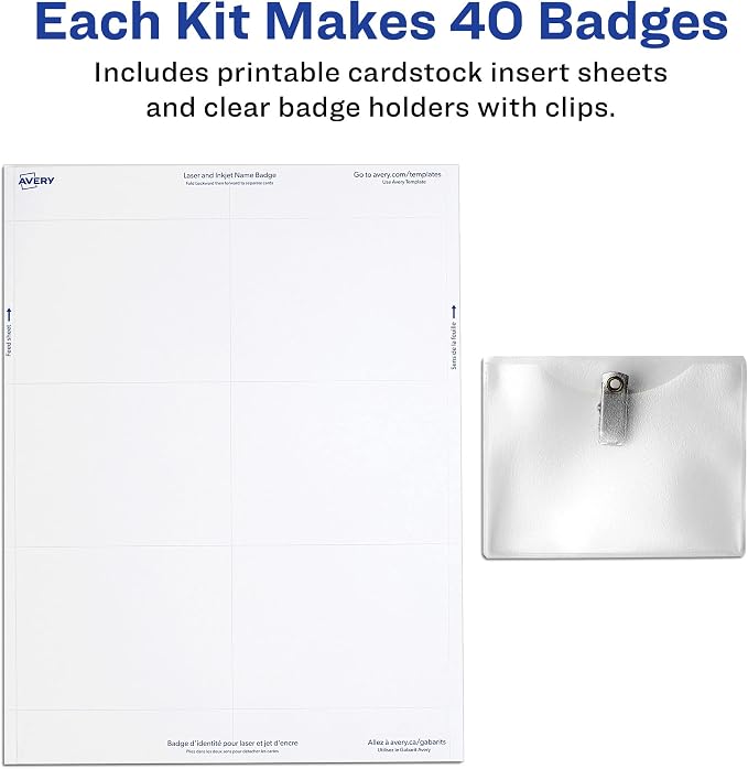 Avery® Customizable Name Badge Clips, 3" x 4", White, 2 Packs, 80 Printable Inserts and Badge Holders with Clips Total (21879)
