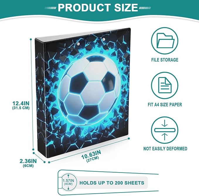 3 Ring Binder 3D Soccer Football Blue 1.5" Round Ring Binders View Binder with 200 Sheet for Kids School Supplies Women Men Office, 1 Pack
