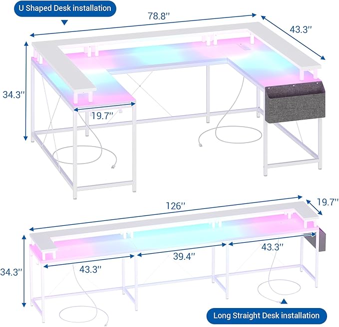 Reversible u Shaped to l Shaped Computer Desk with RGB Lighting & Charging Station, 79 Inch Home Office Workstation with Full Monitor Stand, Heavy Duty Gaming Desk Supporting 600LBS, Multiple Color Op