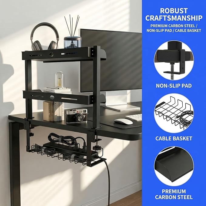 Clamp On Desk Shelf, 17'' 2-Tier Desktop Organizer Shelf with Under-Desk Hidden Storage Basket, Heavy-Duty Desk Shelves for Top of Desk, Space-Saving Desk Storage for Home Office Gaming Setup (Black)