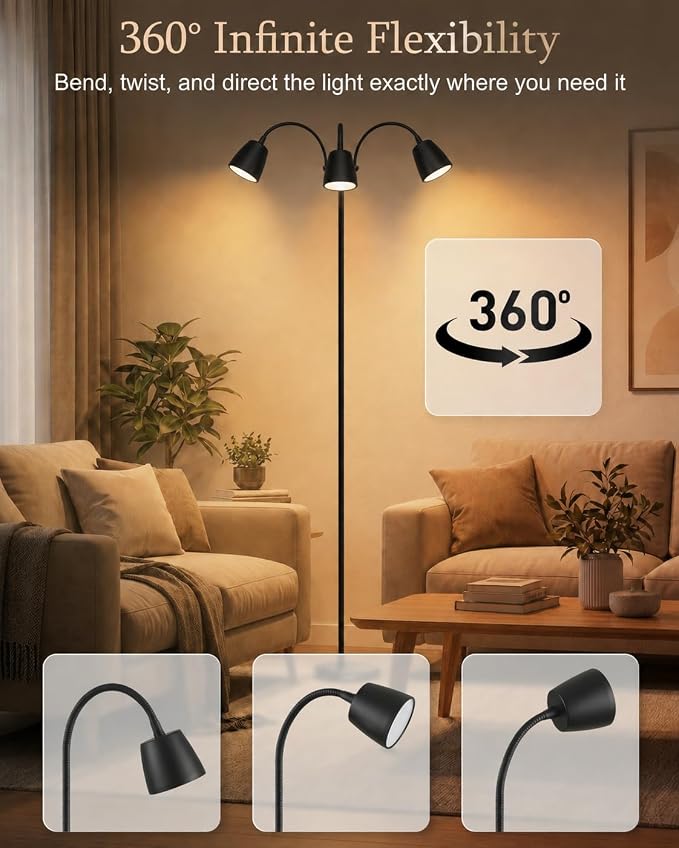 1700K Ultra-Warm 3-Head Floor Lamp, 80.7" Tall Standing Lamp with Stepless 1700K-6000K Color Temperature and Brightness, Individually Controlled Lights, Remote, Timer & Memory for Living Room Bedroom
