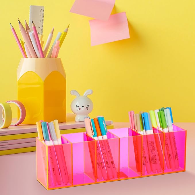 2 Pack Acrylic Makeup Brush Holder 6 Compartments Pencil Organizer Cup Pencil Holder for Desk Pen Organizer Storage Box for Accessories Cosmetic Brushes Office Bathroom Kitchen Supply (Pink)