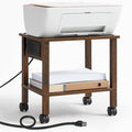 YUFAM 2 Tier Under Desk Printer Stand with Charging Station, Brown | Wooden Small Printer Table for Home Office, Rolling Printer Cart Shelf with Lockable Wheels