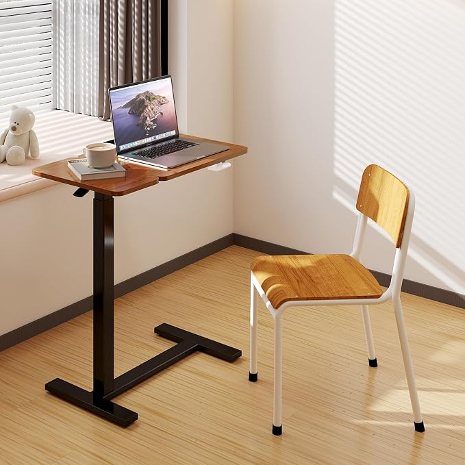 DUMOS Adjustable Bedside Overbed Table with Wheels, Brown | Laptop Standing Desk with Tilting Top Height, Mobile Rolling Computer Cart for Hospital Home Bedroom Use