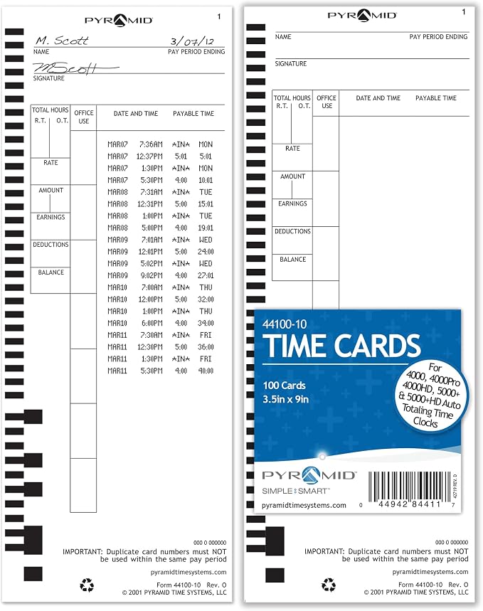 Pyramid Time Systems - Authentic Time Cards (44100-10) for Pyramid Models 4000, 4000PRO, 4000PROK, 5000HD & 5000 Auto Totaling Time Clocks, Single Sided Time Sheets (3.5 x 9 in) -100 Time Cards | For Pyramid Models 4000, 4000PRO, 4000PROK, 5000HD & 500...