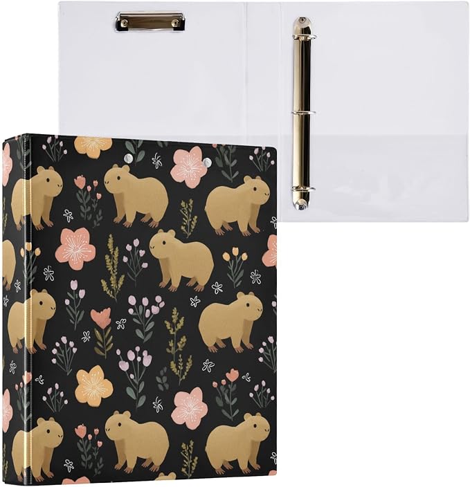 Capybara with Flowers Round Ring Binder for Recipe Budge Storage Organizer, Printed D Ring 1.5 Inch Binders for Office Work School Aesthetic Binder with Clear Pocket Non-Slip Clip