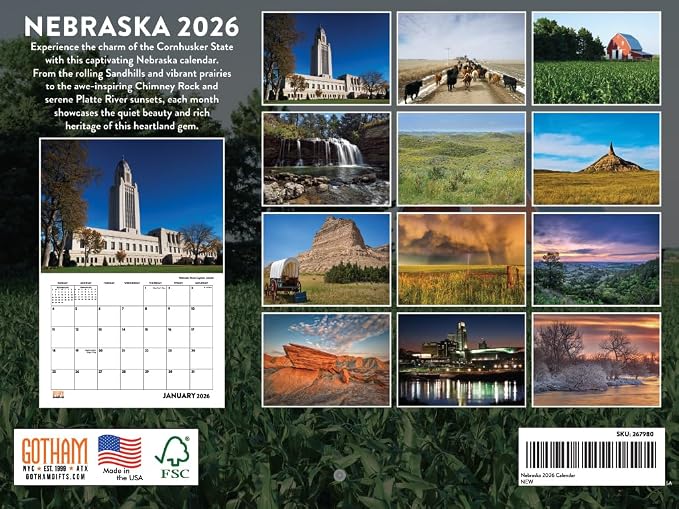 Nebraska Calendar 2026 Wall 12 Month Monthly NE Scenic Souvenirs Themed Gifts | American Made In The USA