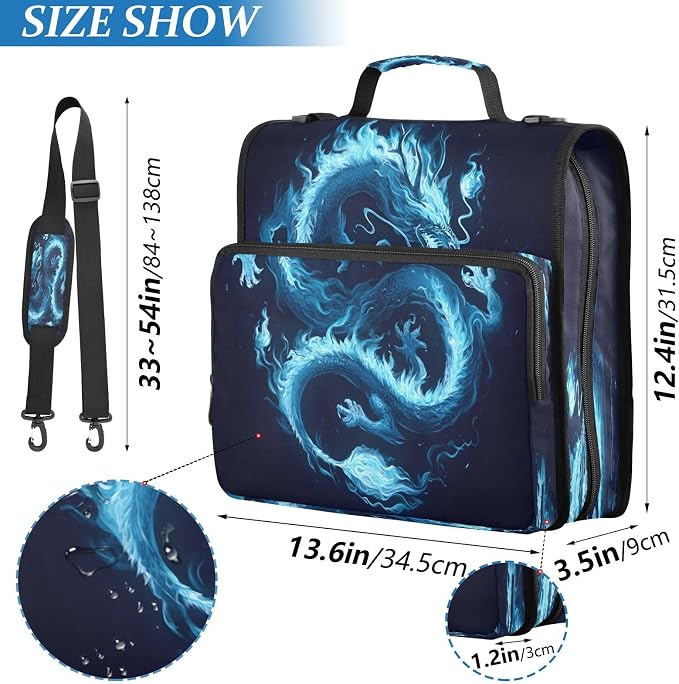 ALAZA Zipper Binder 3 Ring Funny Blue Dragon Binder Organizer with Zipper and Shoulder Strap Large Capacity Multi-Pocket Trapper Keeper File Folder for Office Supplies