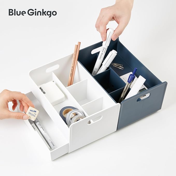 BLUE GINKGO Portable Desk Organizer, Blue, Made in Korea | 3 Compartments. Half Drawer. Everyday Storage.