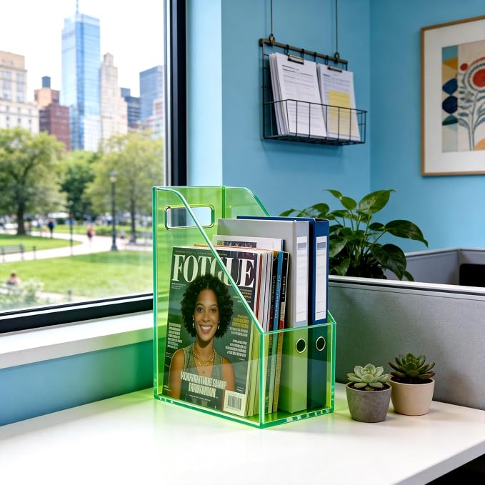 Acrylic Magazine Rack Desk File Holder Organizer for Office Desktop Vertical Magazine Storage Box, 12 x 10 x 5'', Neon Gren