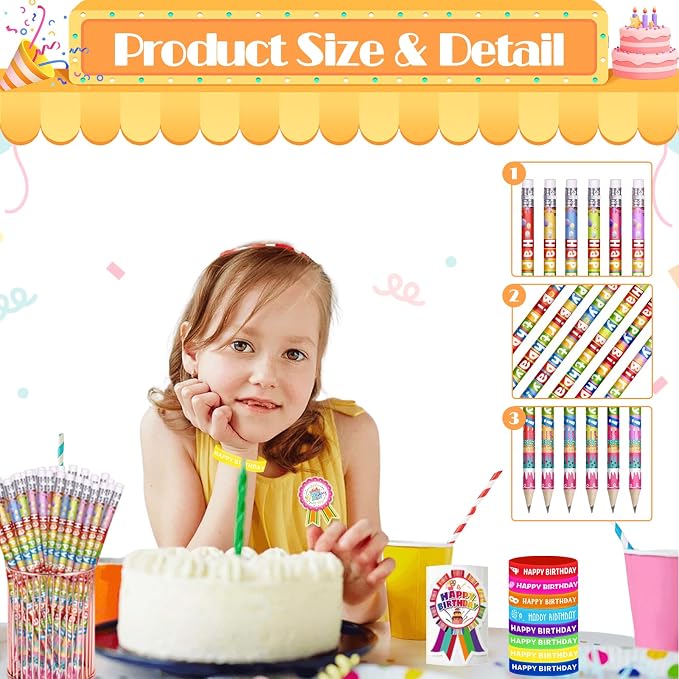 296 Pcs Birthday Pencils Set: 48 Happy Birthday Pencils, 48 Wristbands, 200 Badge Stickers for Teacher, Classroom, Party Supply