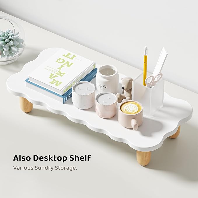 AFOOYO Monitor Stand Riser, Cookie-Shaped Sturdy Wood Computer Monitor Stand for Desk, Ergonomic Desk Stand, Multi-Purpose Desktop Organizer Riser for Computer, Laptop, Printer, TV,White
