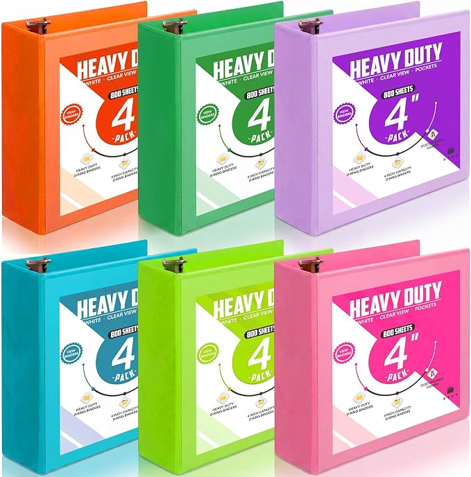 Sinload 6 Pcs 3 Ring Binder, Large Capacity D Ring Binders with Pockets, 8.5" x 11" Presentation Folder View Binder with Customizable Clear Cover for Documents Files Projects(Multicolored,4 Inch)