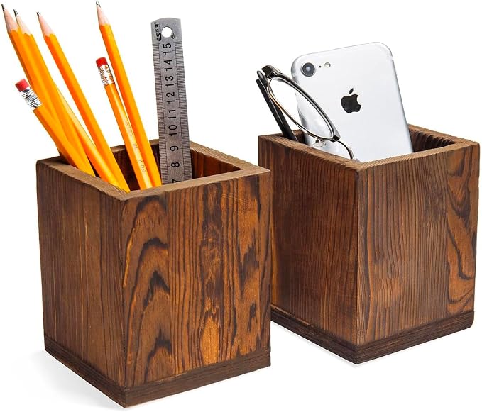 MyGift 2pc Natural Wood Pen Holder Pencil Cup, Desktop Organizer | Two matching cups keep writing tools, art supplies, craft brushes, and small accessories neatly contained and easy to reach