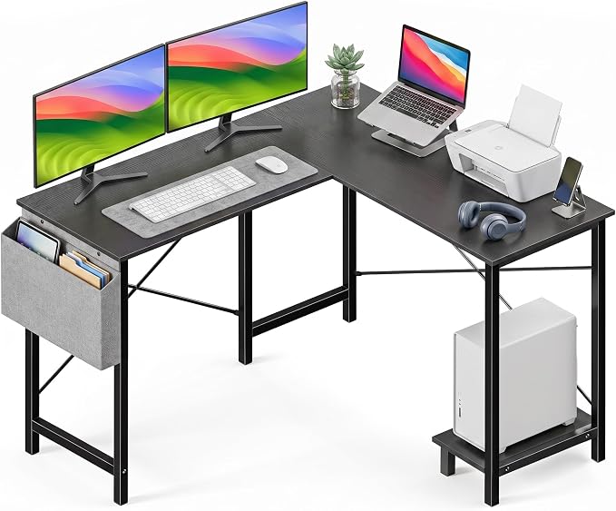 Alpen L Shaped Gaming Desk, Small Computer Desk, 50 Inch Wide Corner Desk, Work from Home Desk, Study Table for Bedrooms, PC Writing Table with Storage and Reversible Shelf, Classic Black