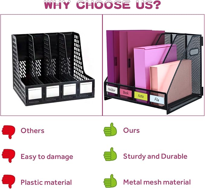 Desk Organizers, Metal Magazine File Holder with 4 Vertical Compartments Rack Binder File Organizer for Office Supplies, Home Workspace - Black