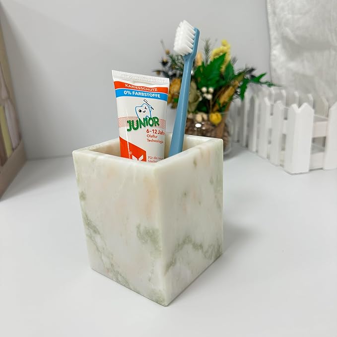Natural Marble Pen Holder, 2.95" x 3.74" Square Hand-Polished Desk Pencil Cup, Multi-Functional Marble Organizer for Makeup Brushes, Kitchen Utensils, Office, Bathroom, Home Decor