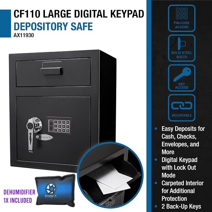 Barska Digital Depository Safe with Drop Slot – Solid Steel Lock Box for Cash, Mail & Valuables, Dual PIN Code Access, Anti-Pry Door, 2 Steel Bolts, Mounting Hardware – for Home & Office Security | Digital keypad depository safe with 5mm steel door and...