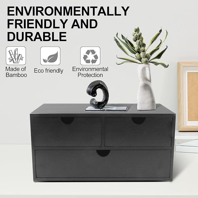Charmewooden Bamboo Desk Organizer with 3 Drawers, Countertop Organizer with Drawers Makeup Storage Drawer 3 Drawer Tabletop Storage Organization Box Home Office Workspace（Black）