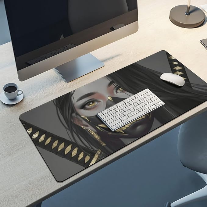 Gaming Mouse Pad Large Mousepad Aesthetic Anime Girl Japanese Samurai Portrait Desk Mat for Keyboard and Mouse Mat Non-Slip Rubber Desk Pad 40x90cm